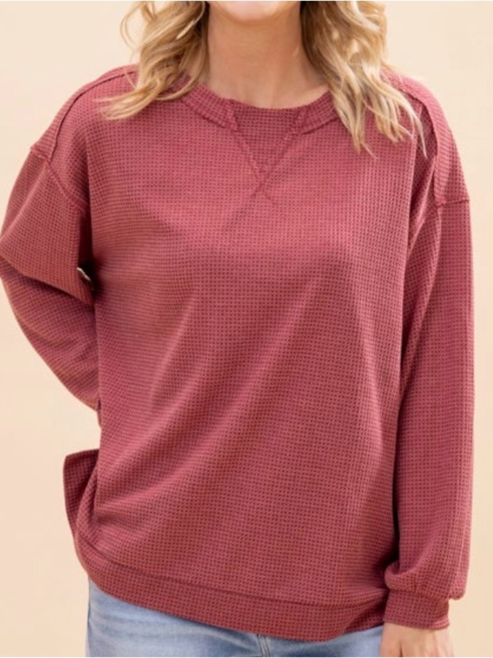 Womenโs Relaxed Waffle Knit Pullover - Rust. Medium. Andree by Unit.